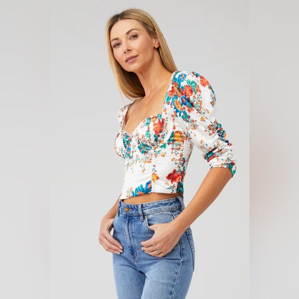 For Love & Lemons White Floral Puff-Sleeve Crop Top